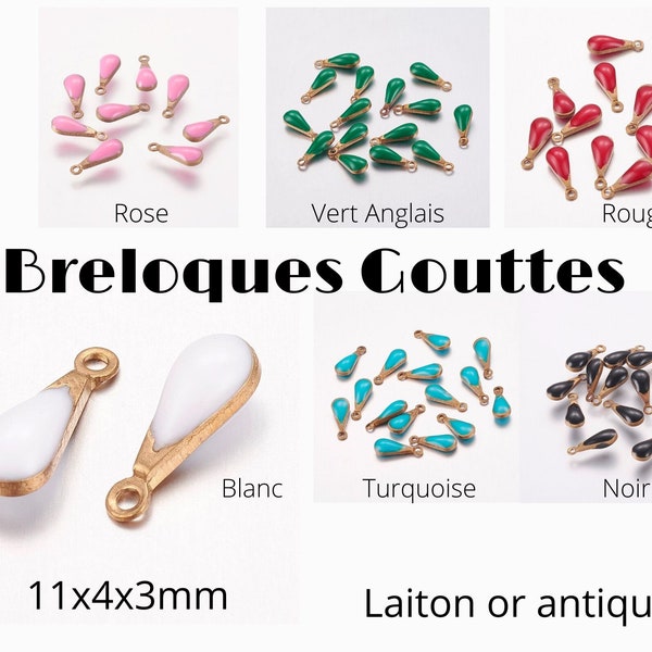 Lot de 20 breloques gouttes en Laiton plaqué or antique, émaillées, 6 coloris, 11x4x3mm, Trou: 1mm