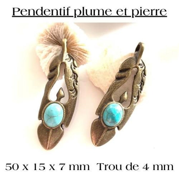 Gros pendentif plume, couleur bronze avec pierre Howlite turquoise, 50 x 15 mm, cabochon de 10 x 7 mm, trou passant de 5 mm.