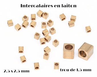 Lot de 100 perles en laiton brut,  intercalaires- entretoise cube, carré, or, 2.5 x 2.5 mm, Trou: 1.5 mm,  Intercalaires pour perles Heishi