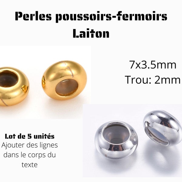 Lot de 5 perles stoppeur en laiton , perles curseur, fermoirs pour bracelets réglables pour 2 cordons de 1 mm,