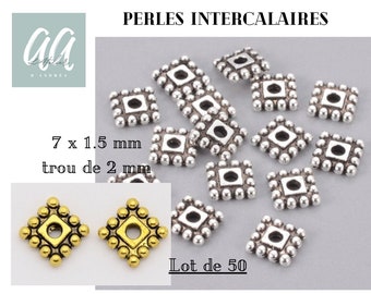 Lot de 50 perles intercalires carrés, 7 mm, trou de 2 mm, dorées ou argentées, création bijoux, style tibétain