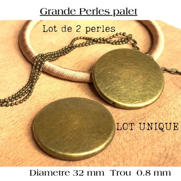 Lot unique, 2 grandes perles, rondes forme palet, bronze doré, 32 x 5 mm, Trou: 0.8mm