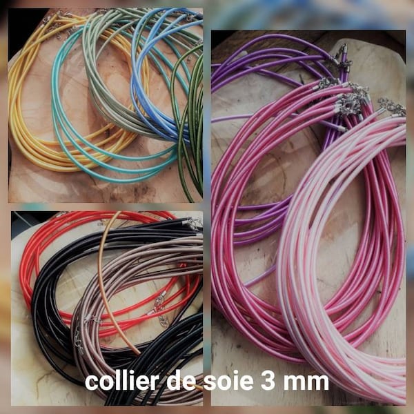 Collier de soie,  cordon de 3 mm, 15 coloris au choix, chaînette et fermoir argent / 44 cm / 17,32 "