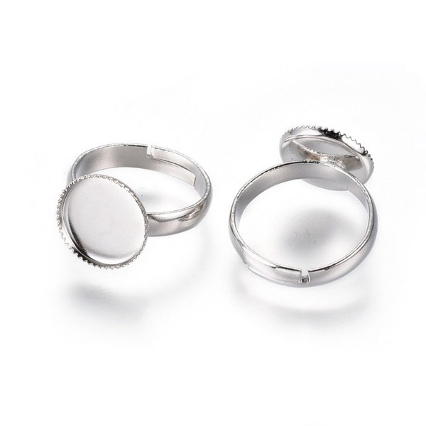 Support de bague platine  ,anneau 14 mm réglable en laiton,avec support de cabochon rond plat de 10 mm,couleurplatine