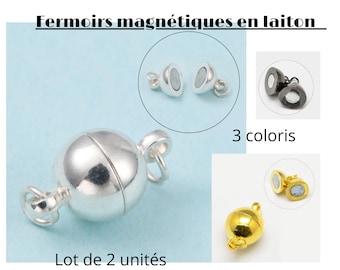 Set of 2 Brass magnetic clasps, ball shape, nickel free, platinum, 14 x 8 mm, hole: 2 mm; junction ring