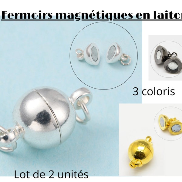 Lot de 2 Fermoirs magnétiques en laiton,forme boule, sans nickel, platine, 14 x 8 mm, trou: 2 mm; anneau de jonction