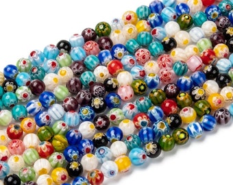 Millefiori glass beads, round, mixed colors, 10/8/6 or 4 mm