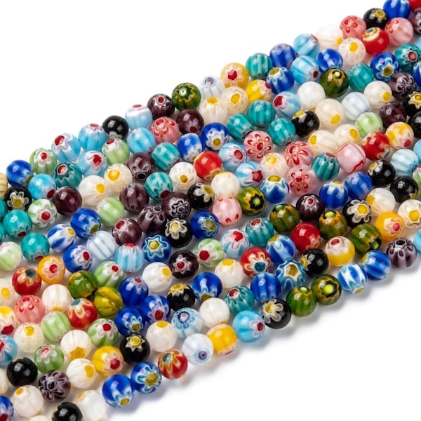 Perles verre millefiori, rondes, couleur mixtes, 10/8/6 ou 4 mm