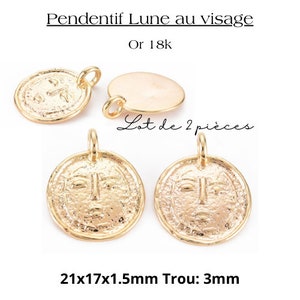 Puede incluir: Dos colgantes de color dorado con un diseño de rostro estilizado. Los colgantes miden 21x17x1,5 mm con un agujero de 3 mm. El texto "Lot de 2 pièces" es visible en la imagen.