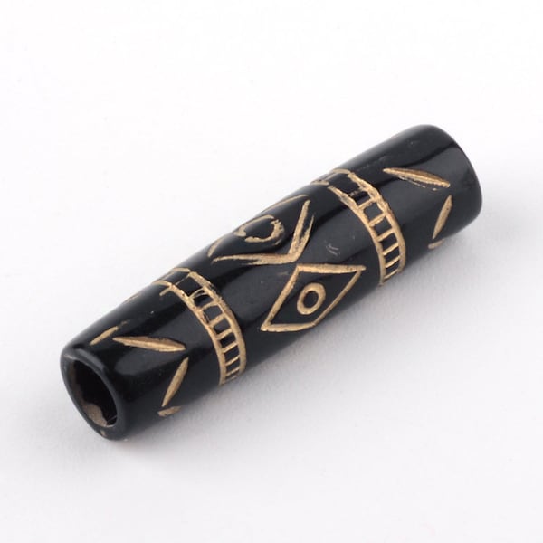 Acrylic beads, column shape, ethnic-tribal golden patterns, black, 25x6.5mm, hole: 3.5 mm, per set of 20