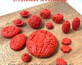 Set of red cinnabar beads, 15 pieces, energy beads, various shapes, for jewelry creations from Asia!