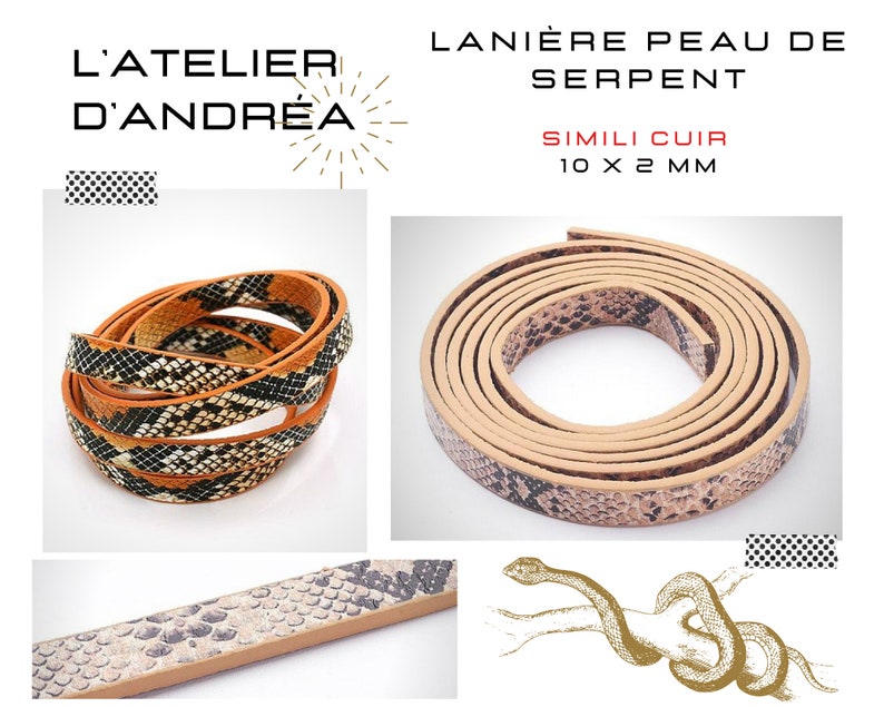 Lanière peau de serpent, 2 coloris, simili cuir, 10 x 2 mm, création de bracelet manchette, faux cuir, style image 2