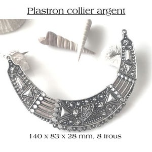 Large silver ethnic style bib, with geometric relief patterns, 140 x 83 x 28 mm, 8 holes