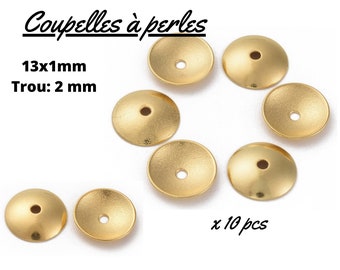 Coupelles pour perles, calotte en laiton doré, lot de 10 pièces, 13 x 1 mm, trou de 2 mm, création de boucles d'oreilles