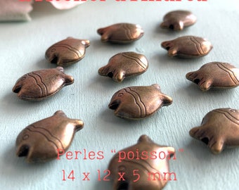 Lot de 10 perles "poisson", laiton couleur bronze, forme ovale, 14 x 12 x 5 mm, trou de 1.5 mm