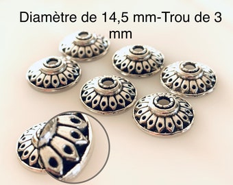 Coupelles à perles, calotte en laiton argenté, lot de 10 pièces, 14.5  x 3 mm, trou de 3 mm, pour grandes perles perles, création de bijoux