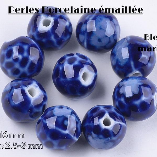 Lot de 5 grandes  perles en porcelaine émaillée antique Bleu marine, forme ronde melon ,16 mm, , perles fait main