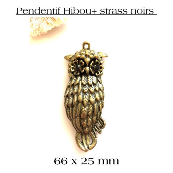 Joli pendentif "Hibou", reliefs de plumes, couleur bronze et strass de verre, 66 x 25 mm, trou de 2.5 mm, une seule pièce de disponible!