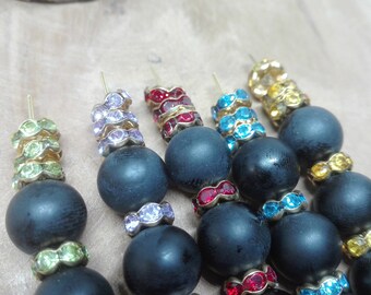 Lot of 10 spacer beads, 7 mm, round, various colors, gold metal with glass rhinestones, jewelry creation, bracelet making.