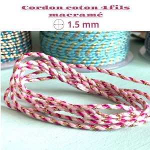 1.5 mm jewelry cord, cotton, 4 braided threads, macramé cord including 1 gold thread, 12 colors to choose from, creation of bracelets or necklaces, DIY image 3