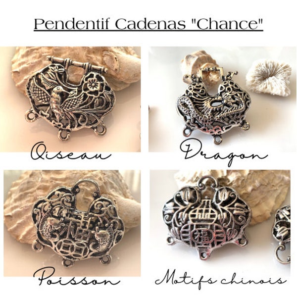 Pendentifs/connecteurs "Chance" forme cadenas, argent vieilli, 42 x 40 mm trous de 2,5 mm