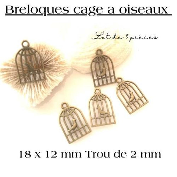 Lot de 5 breloques "cage à oiseaux", laiton couleur bronze, plats