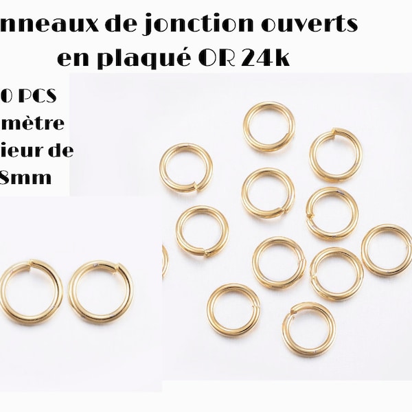 Lot de 50 anneaux de jonction ouverts, en acier inoxydable 304, plaqué or 24K, 7x0.8mm, diamètre intérieur: 5.8 mm