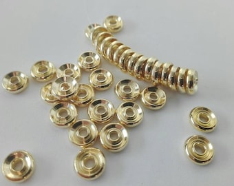 Lot de 25  perles "Heishi"style rivets,  en laiton, plaqué platine / or, forme disque, 8 x 2 mm,création bijoux, trou de 2 mm