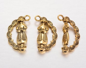 Lot de 2 pendentifs rotatifs "Garçon Asiatique" en  laiton, Or antique, 26x17x3 mm, Trou: 2.5 mm