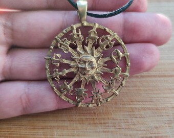 Vintage Zodiac Sun Pendant Necklace – Brass Astrology Charm
