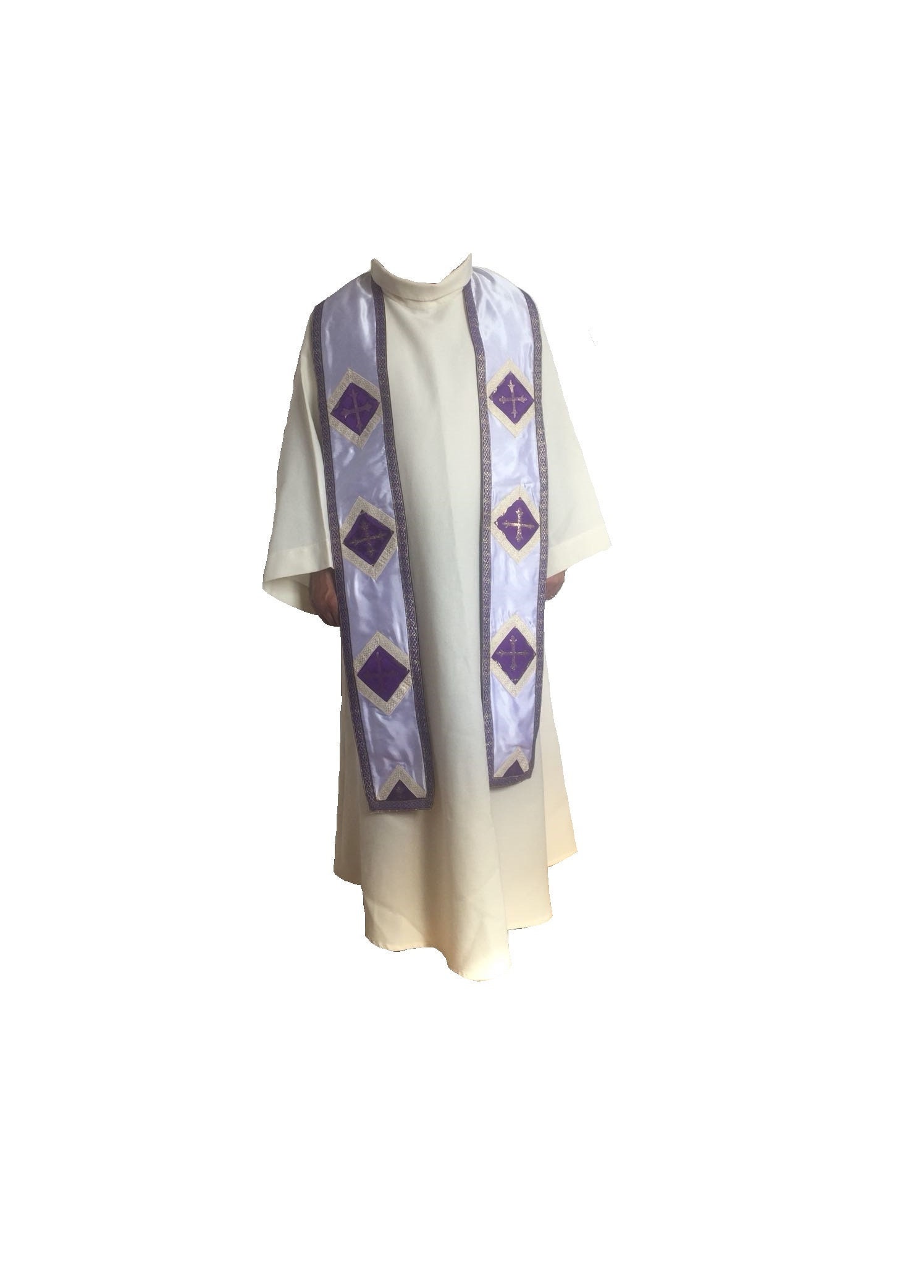 Etole Reversible Pour Prêtre, avec Côté Violet et Blanc Satin Appliques Couleur Liturgique Blanche V