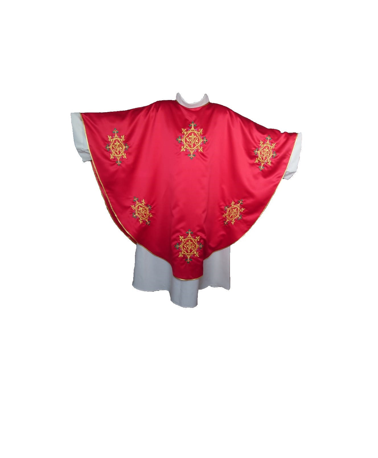 Chasuble Gothique Pour Prêtre, avec Broderie en Fil Dorée Ihs Couleur Liturgique Rouge et Doublure F