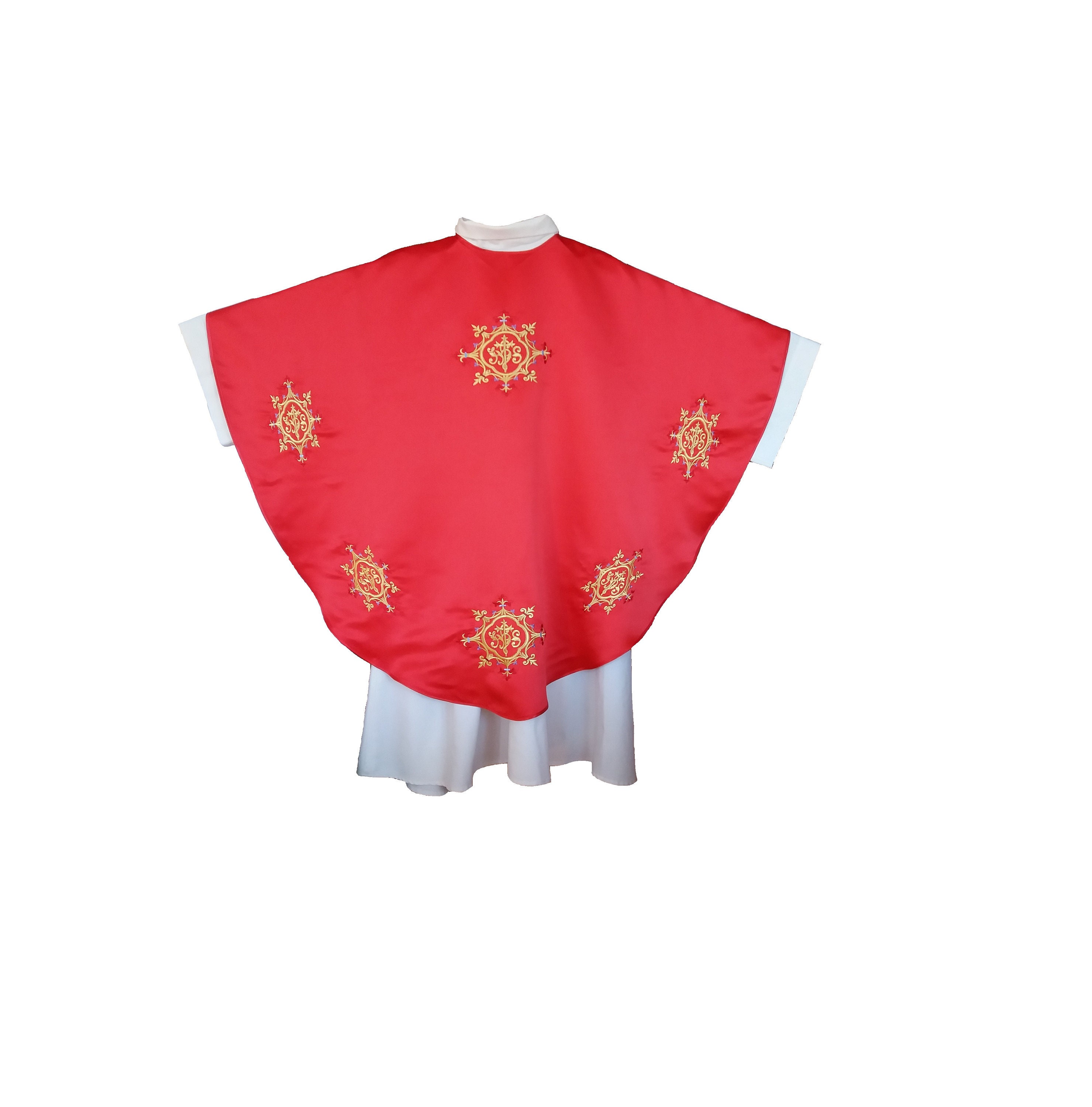 Chasuble Gothique Pour Prêtre, avec Broderie en Fil Dorée Ihs Couleur Liturgique Rouge et Doublure F