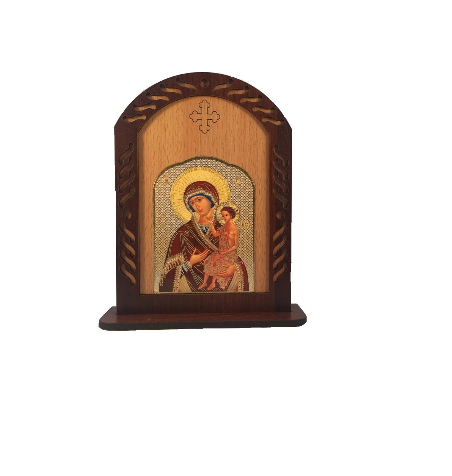 Cadre en Bois avec Une Icône Russe de La Vierge Marie et L'enfant Jésus Croix Gravée