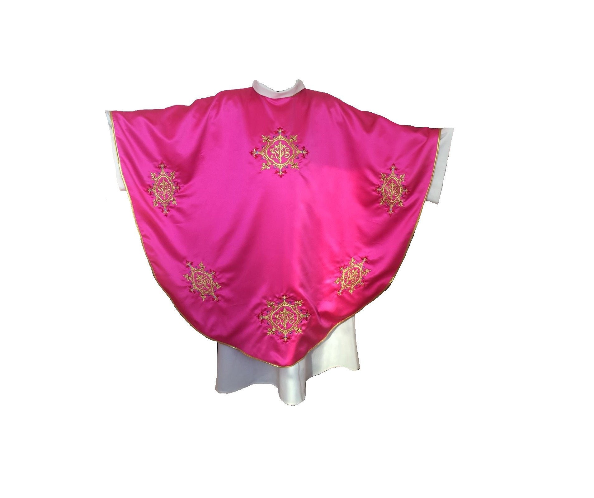 Chasuble Gothique Pour Prêtre, avec Broderie en Fil Dorée Ihs Couleur Liturgique Rose et Doublure Fa