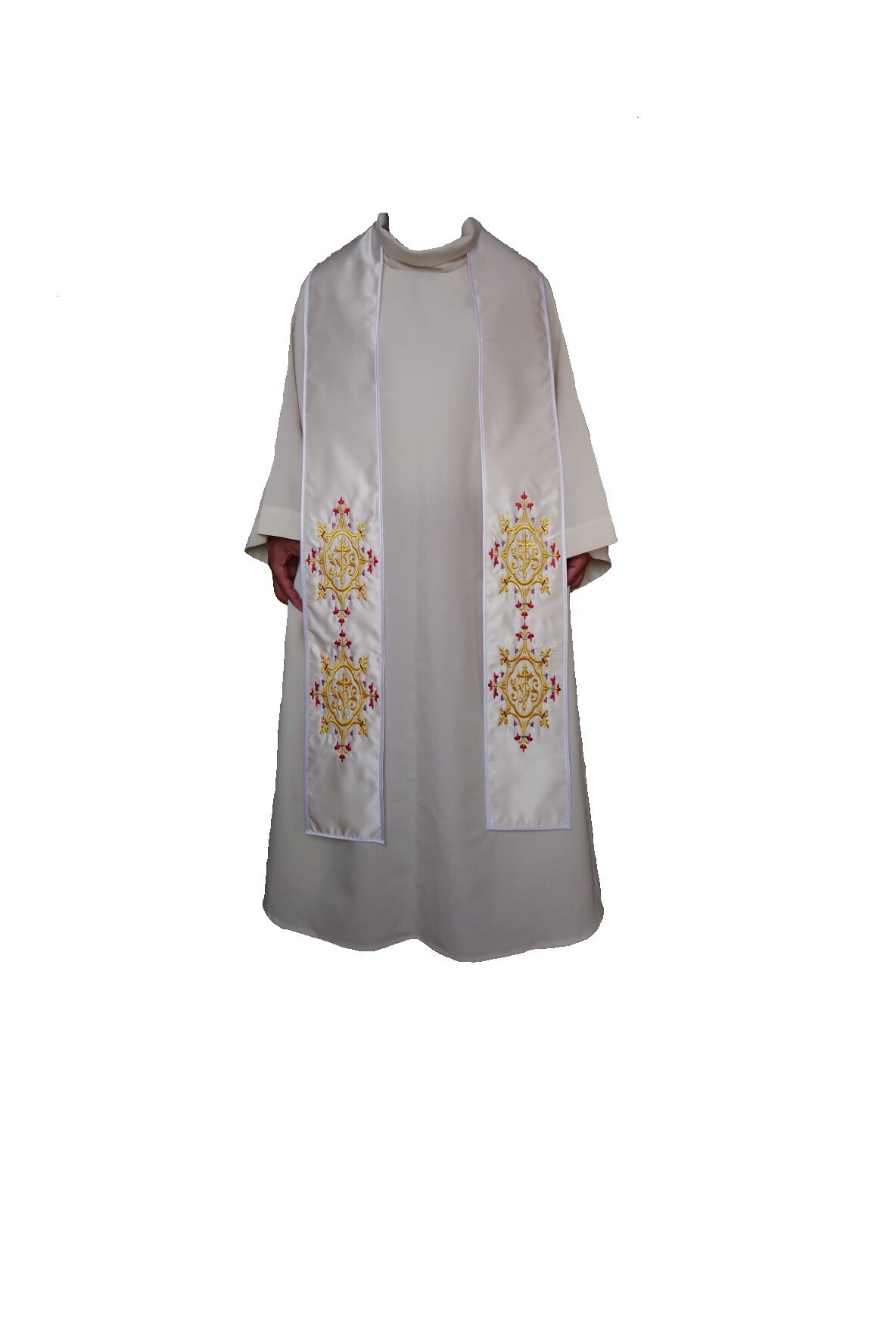 Etole Pour Prêtre, avec Broderie Dorée Ihs Doublure Satin Couleur Liturgique Blanche Fabrication Art