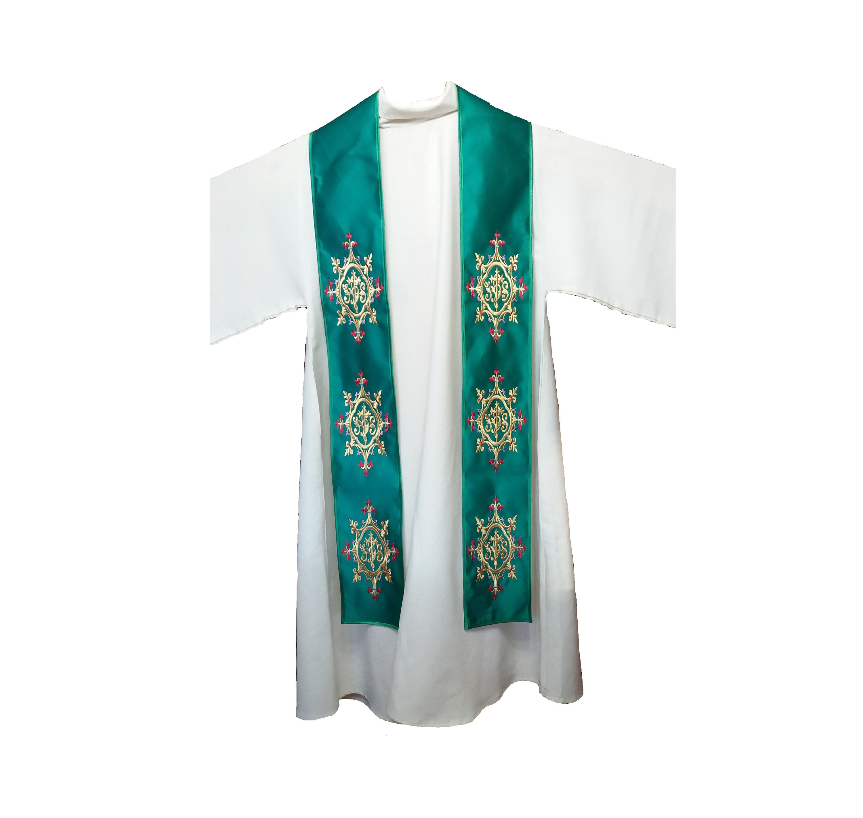Etole Pour Prêtre, avec Broderie Dorée Ihs Doublure Satin Couleur Liturgique Verte Fabrication Artis