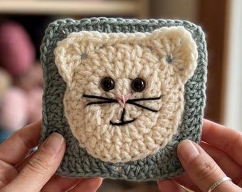 Crochet Cat Granny Square Pattern | Beginner Friendly Kitty Face Appliqué (PDF Download)