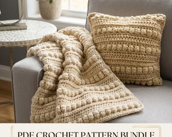 Textured Bobble Crochet Blanket and Pillow Pattern Bundle (PDF Download)