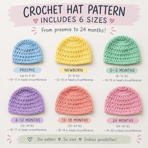 May include: A crochet hat pattern featuring six sizes from preemie to 24 months. The image displays six colorful hats in blue, yellow, green, purple, peach, and pink, with text detailing weight and head circumference in inches and pounds.