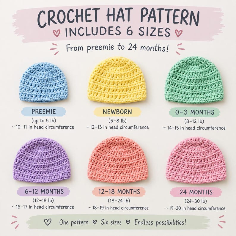 May include: A crochet hat pattern featuring six sizes from preemie to 24 months. The image displays six colorful hats in blue, yellow, green, purple, peach, and pink, with text detailing weight and head circumference in inches and pounds.