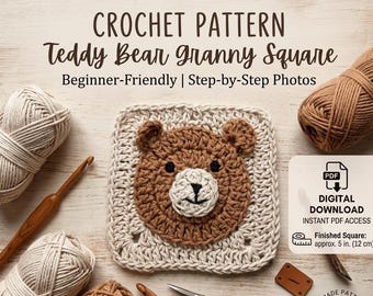 Bear Granny Square Crochet Pattern, Woodland Baby Blanket Block (PDF Download)