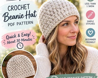 Beginner Crochet Beanie Pattern, Quick 30-Minute Hat (PDF Download)