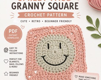 Smiley Face Granny Square Crochet Pattern, Beginner Friendly Retro Motif (PDF Download)
