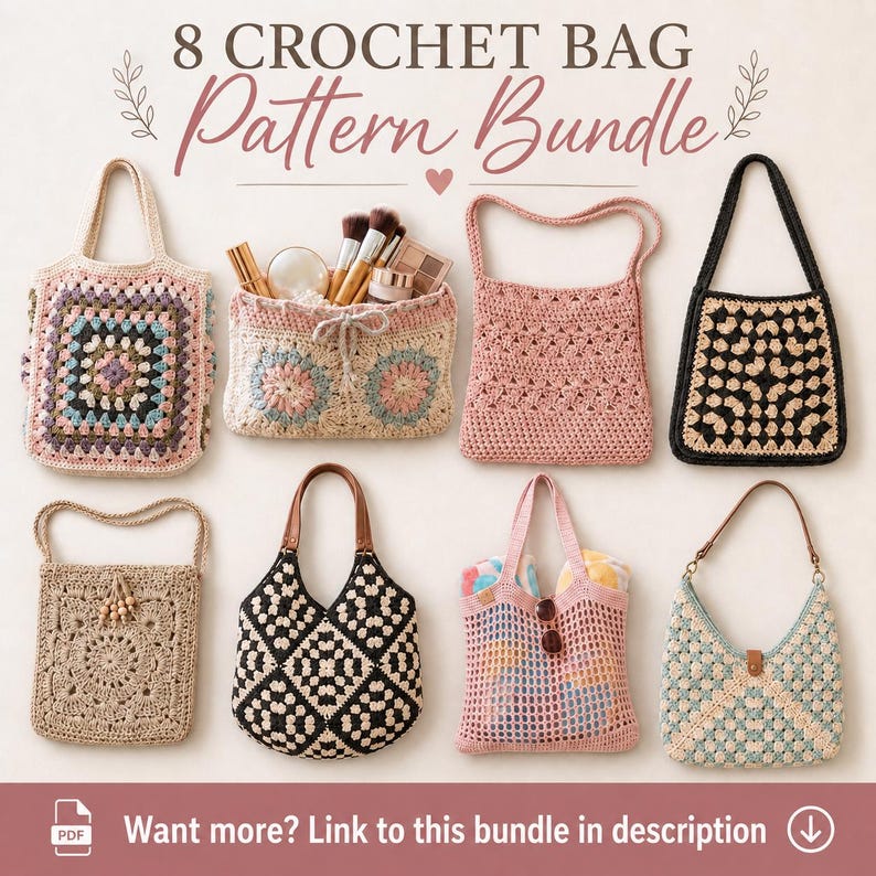 May include: A collection of eight crochet bags featuring various designs, including granny squares, mesh, and solid patterns in colors like pink, beige, black, and blue. The text 8 CROCHET BAG Pattern Bundle is displayed at the top of the image.