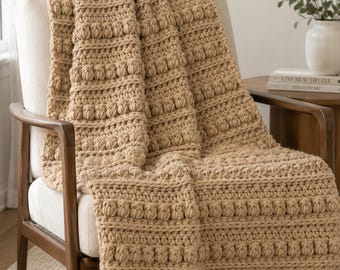 Chunky Yarn Bobble Stitch Crochet Blanket Pattern, Modern Textured Throw (PDF Download)