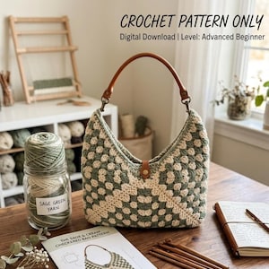 May include: A crochet bag with a sage green and cream checkered pattern, featuring a brown leather handle and a small leather tab closure. Text on the image reads: CROCHET PATTERN ONLY, Digital Download | Level: Advanced Beginner.