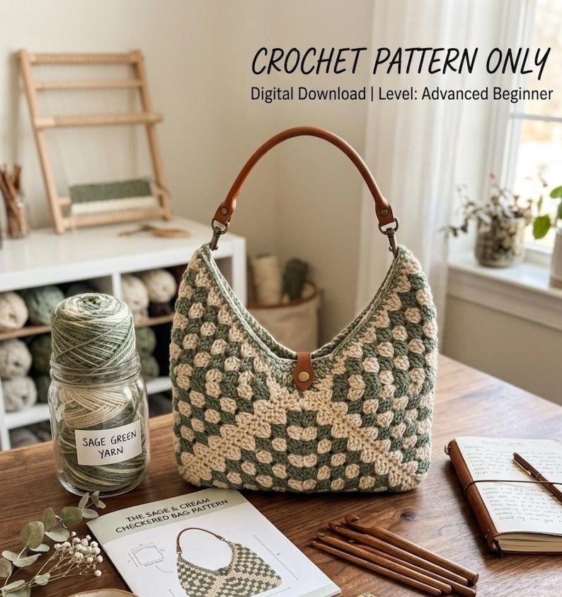 May include: A crochet bag with a sage green and cream checkered pattern, featuring a brown leather handle and a small leather tab closure. Text on the image reads: CROCHET PATTERN ONLY, Digital Download | Level: Advanced Beginner.