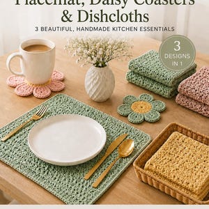 Easy Crochet Pattern kitchen bundle- Floral coaster, Placemat, Dishtowel Instant Download pdf