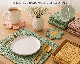 Easy Crochet Pattern kitchen bundle- Floral coaster, Placemat, Dishtowel Instant Download pdf